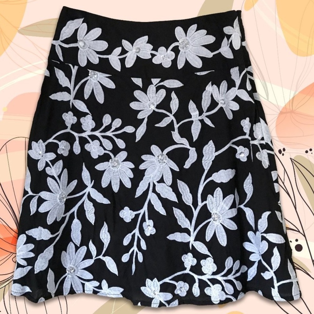 INC International Concepts Midi A-line Embroidered Black/White Floral Skirt